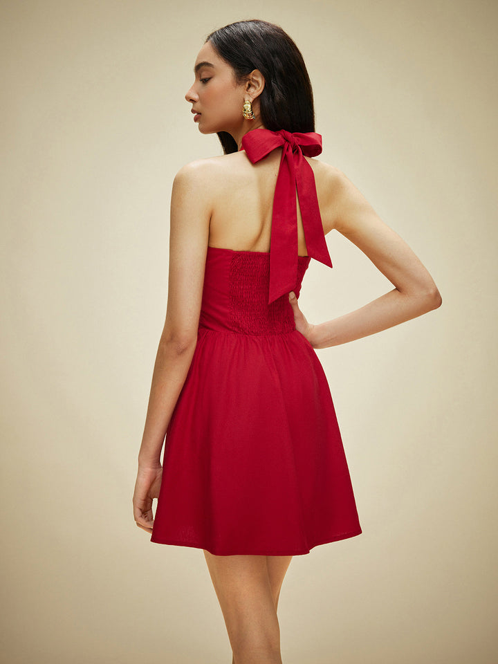 Cotton & Linen Halter Neck Button-Front Dress