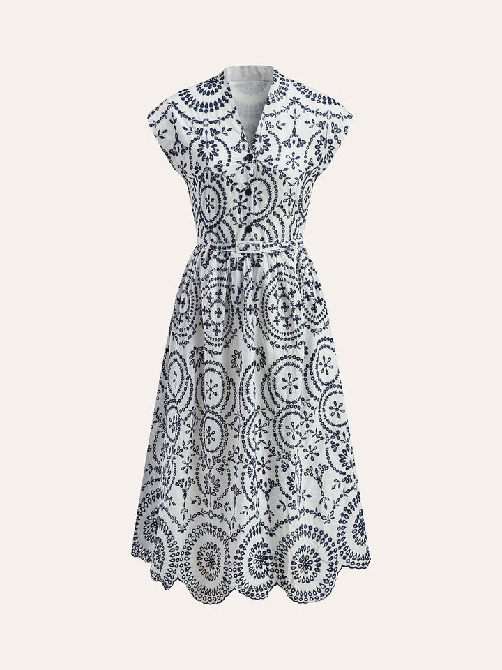 Embroidered V-Neck Belted Dress