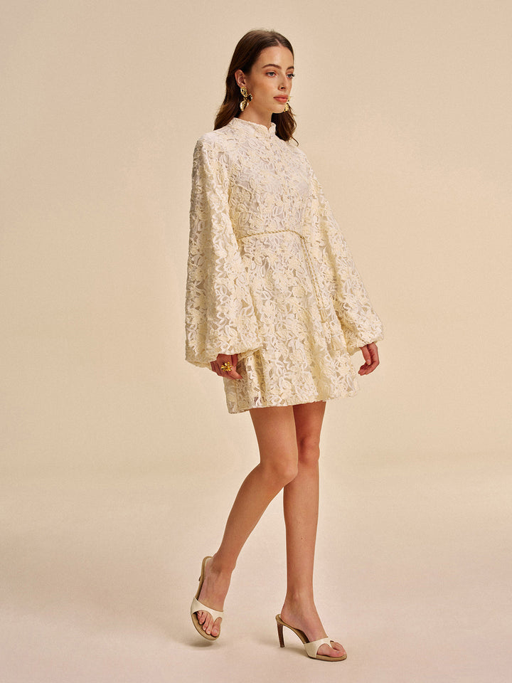 Lace Bell-Sleeve Dress With Belt