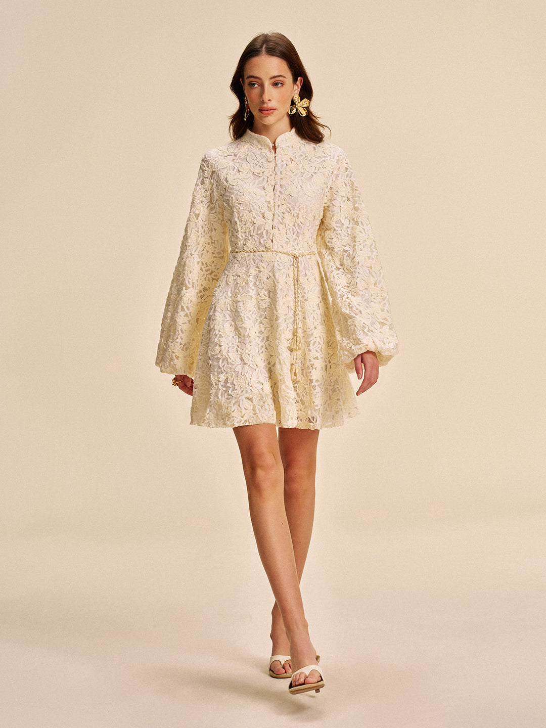 Lace Bell-Sleeve Dress With Belt