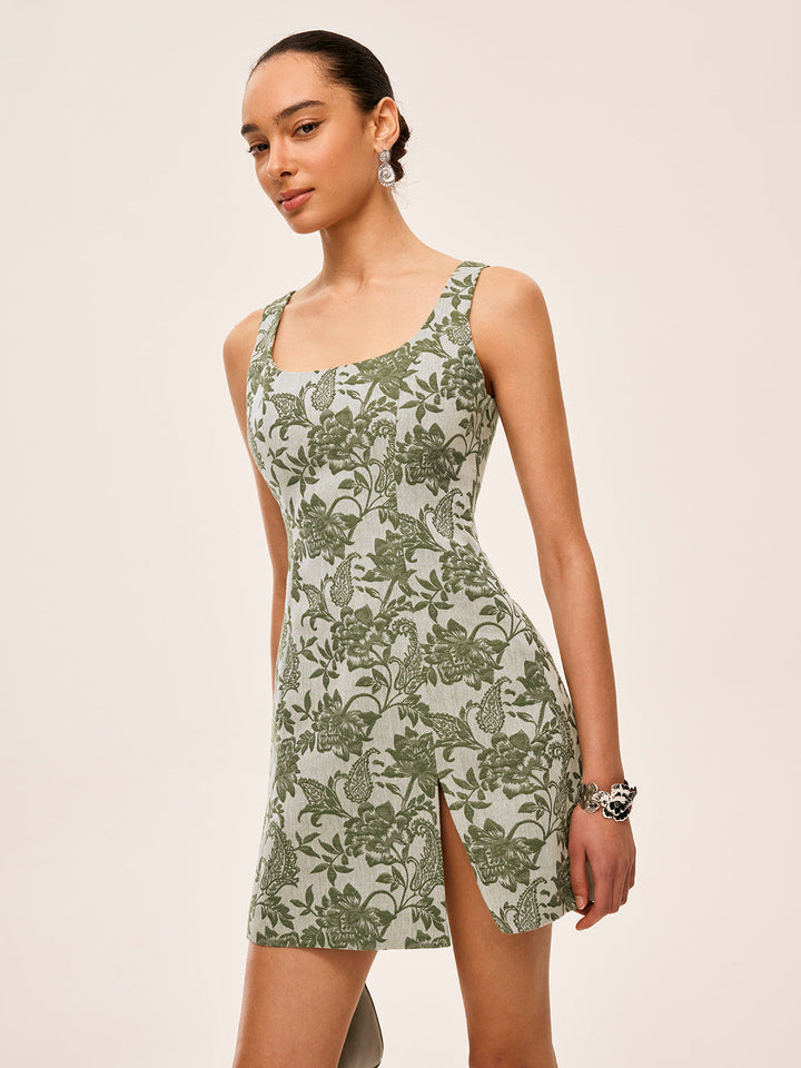 Floral Print Square Neck Dress With Side Slit