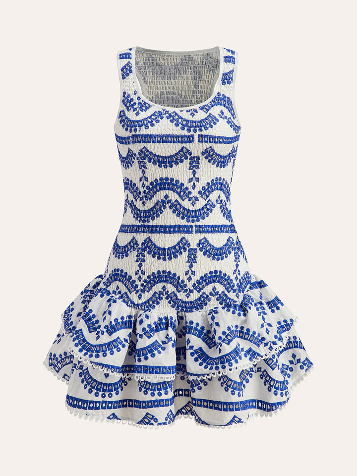 Embroidered Ruffled Sleeveless Dress