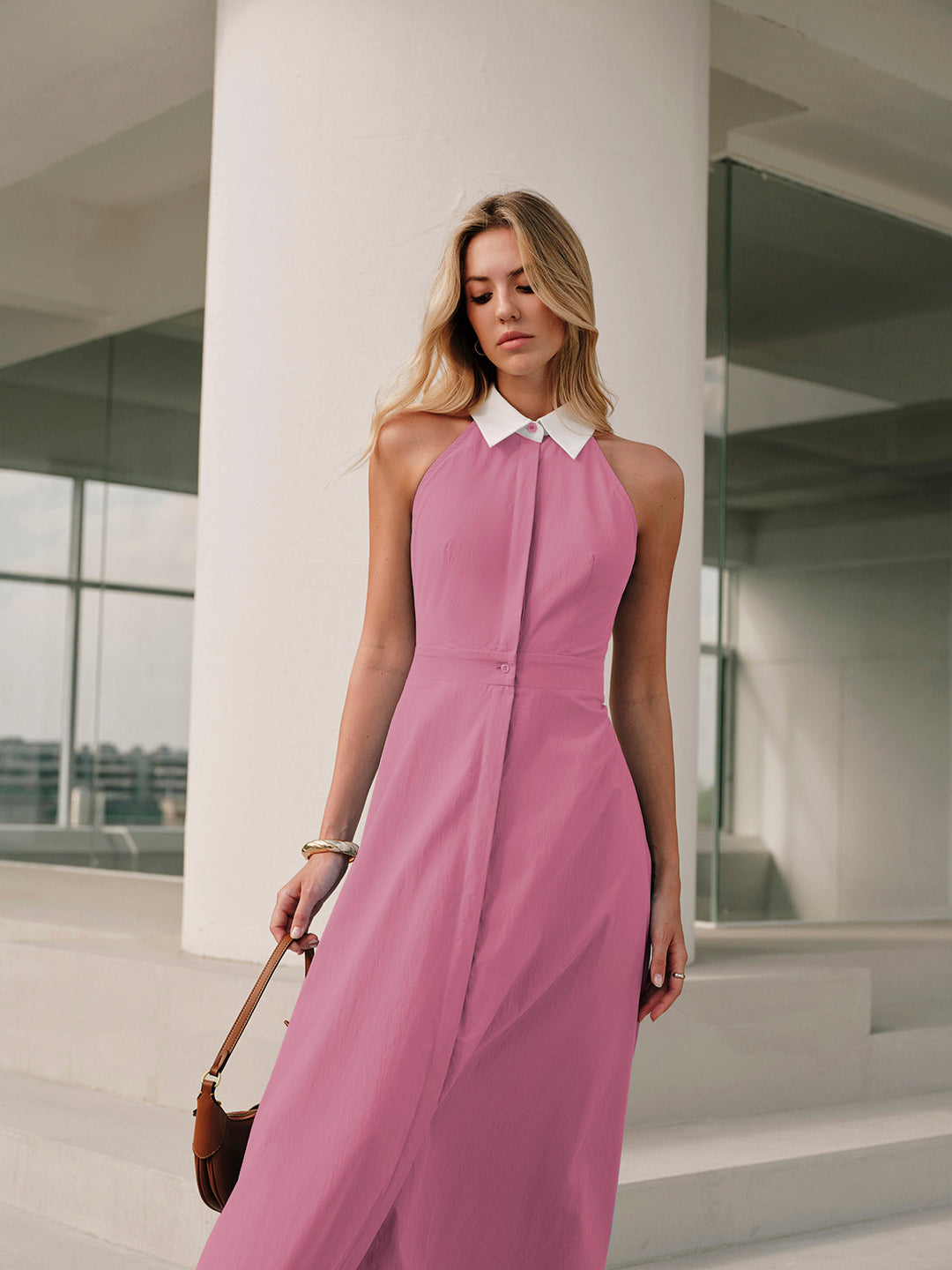 Button Sleeveless Collar Dress