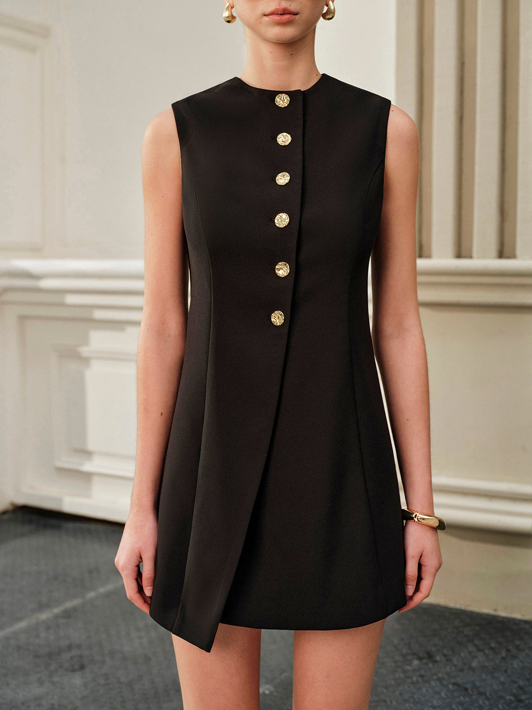 Asymmetrical Tie-Back Metal Button Dress