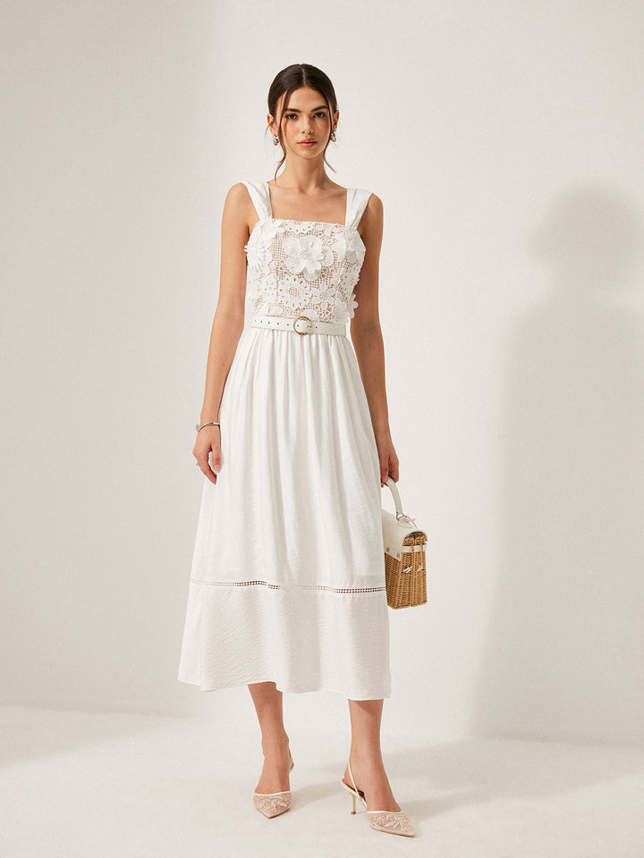 Cotton Floral Lace Belted Dress