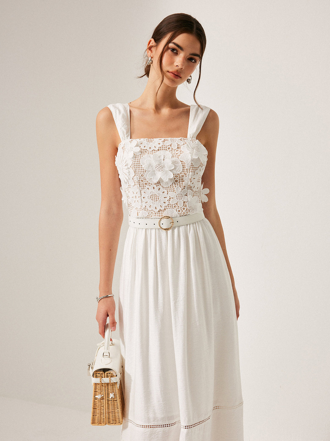 Cotton Floral Lace Belted Dress