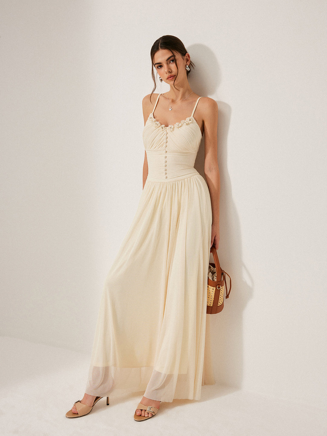 Button-Detail Mesh Panel Dress