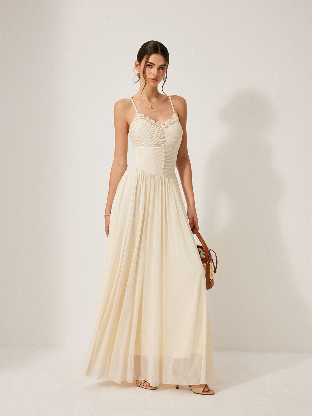 Button-Detail Mesh Panel Dress