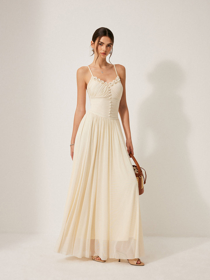 Button-Detail Mesh Panel Dress