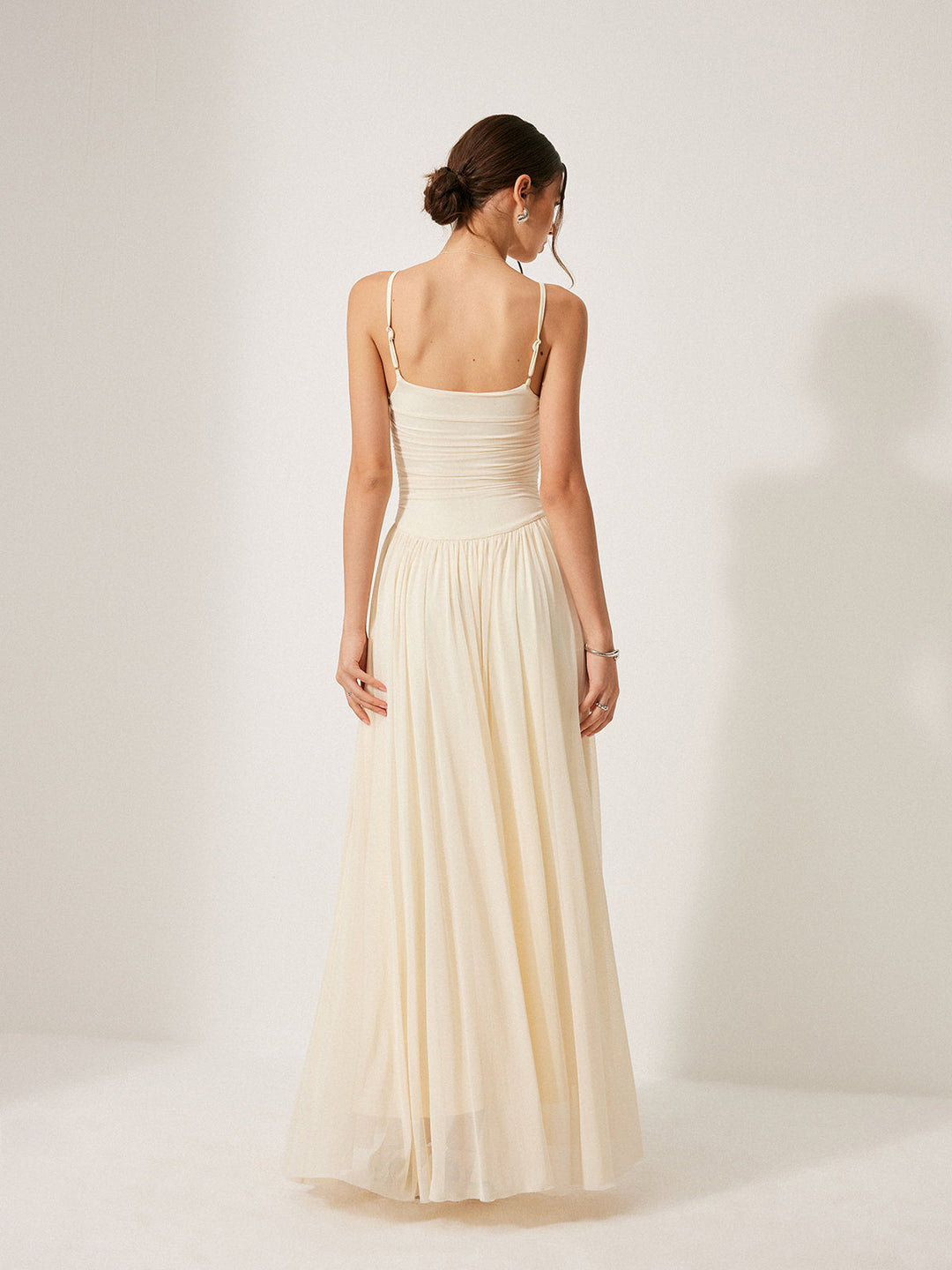 Button-Detail Mesh Panel Dress