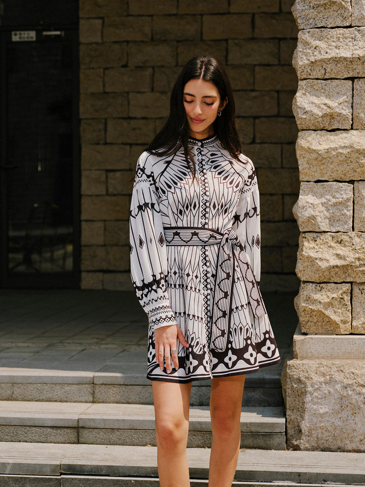 Linen Blend Long Sleeve Belted Dress