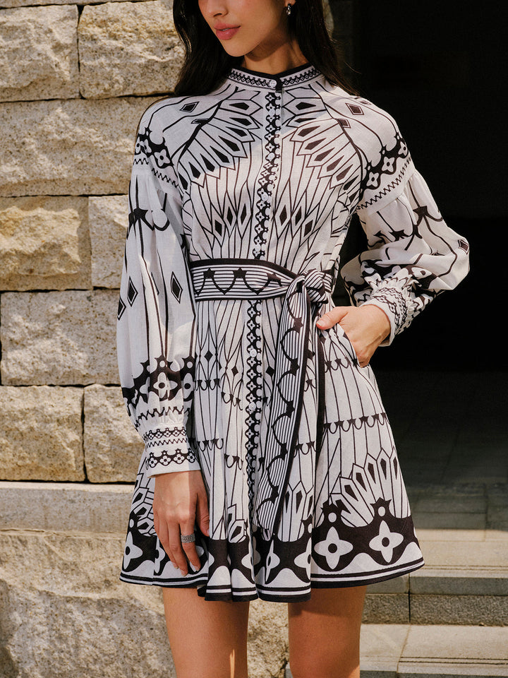 Linen Blend Long Sleeve Belted Dress