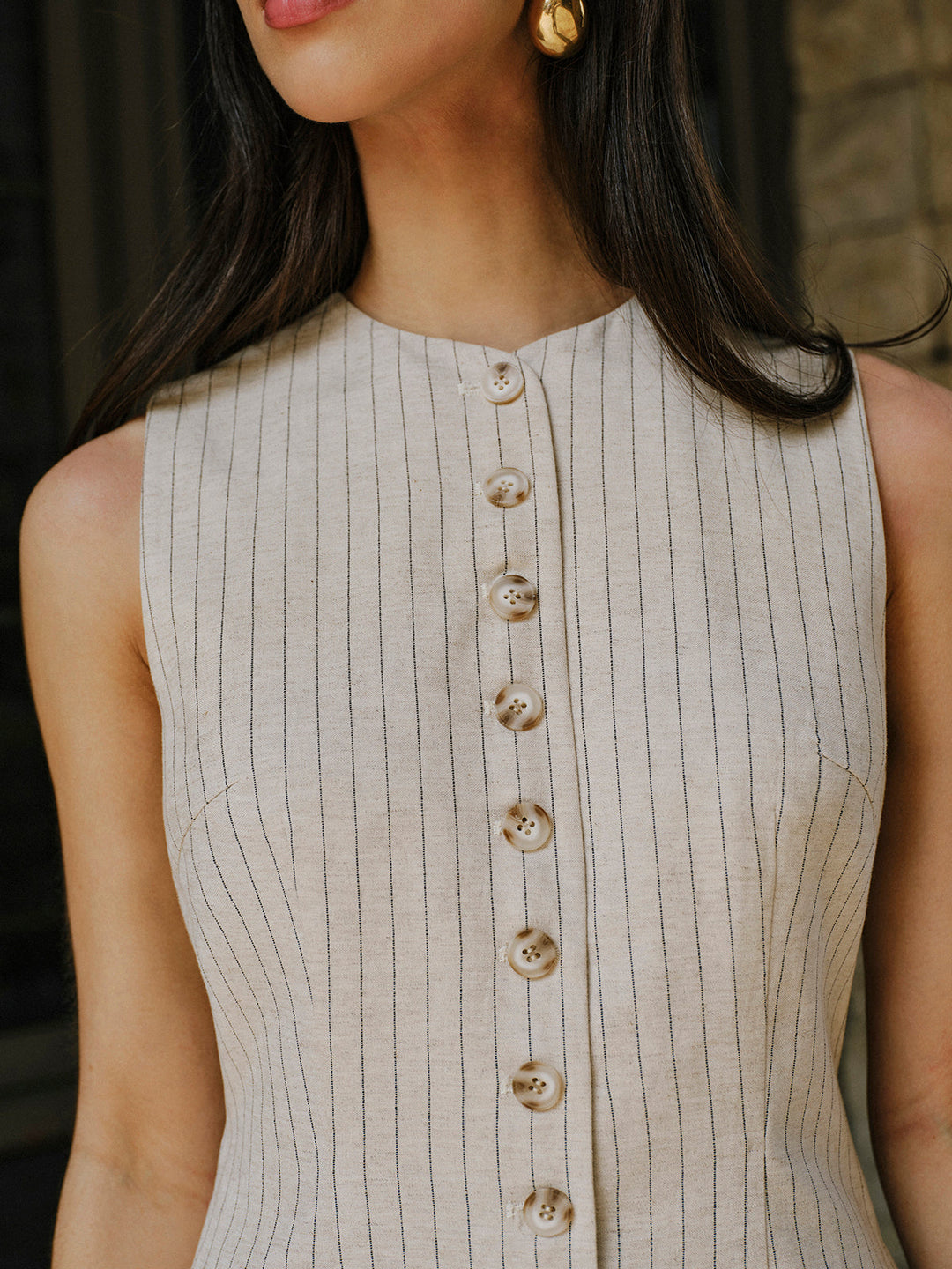 Linen Blend Button-Front Dress With Pockets