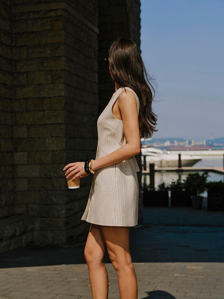 Linen Blend Button-Front Dress With Pockets