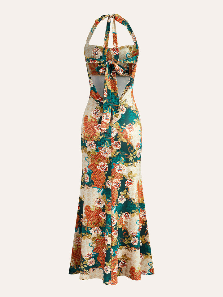 Halter Neck Back-Tie Floral Dress