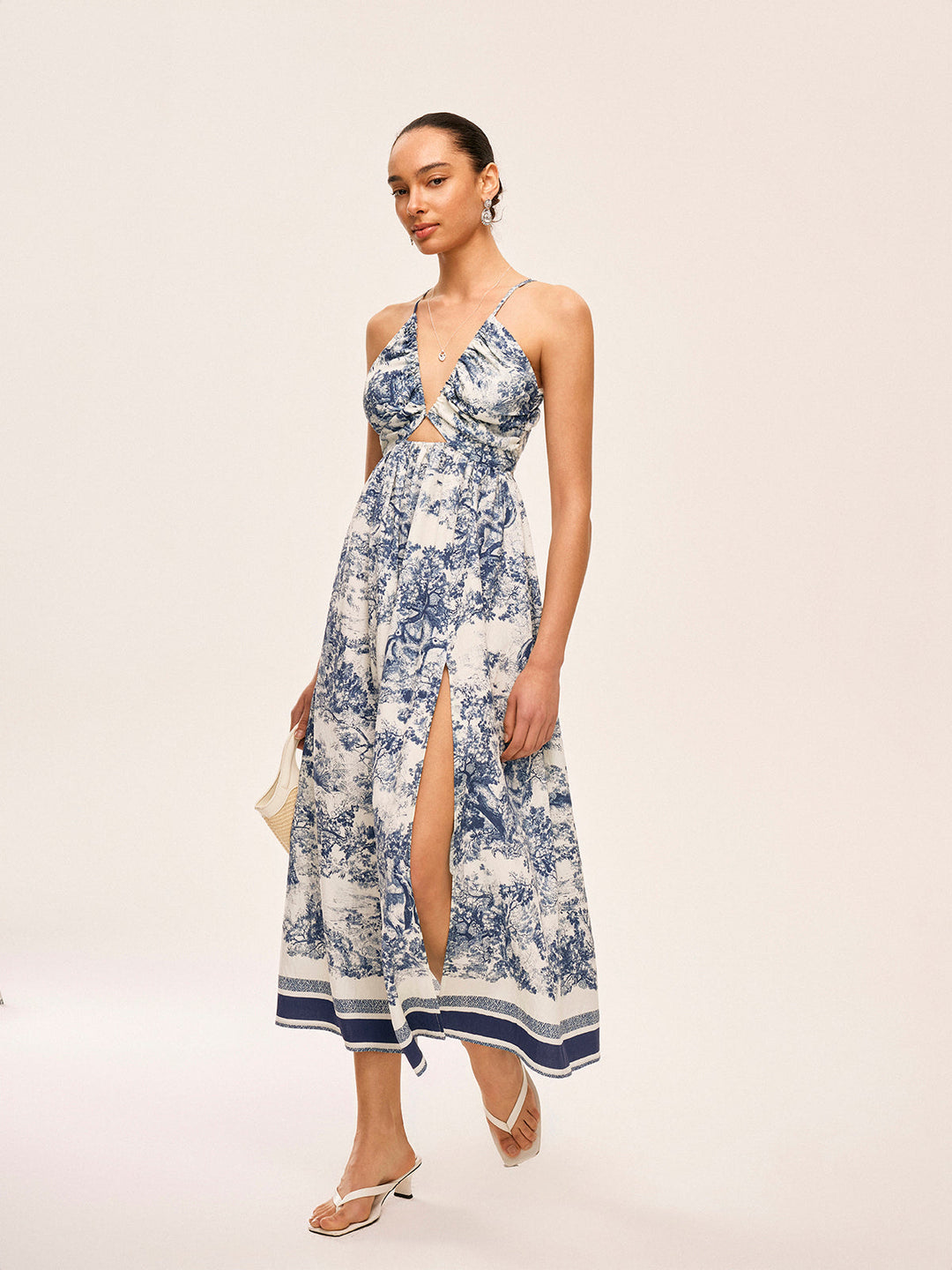 Printed Contrast Trim Knotted Spilt Dress