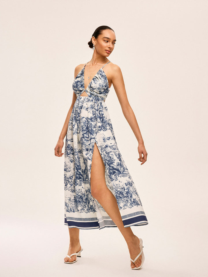 Printed Contrast Trim Knotted Spilt Dress