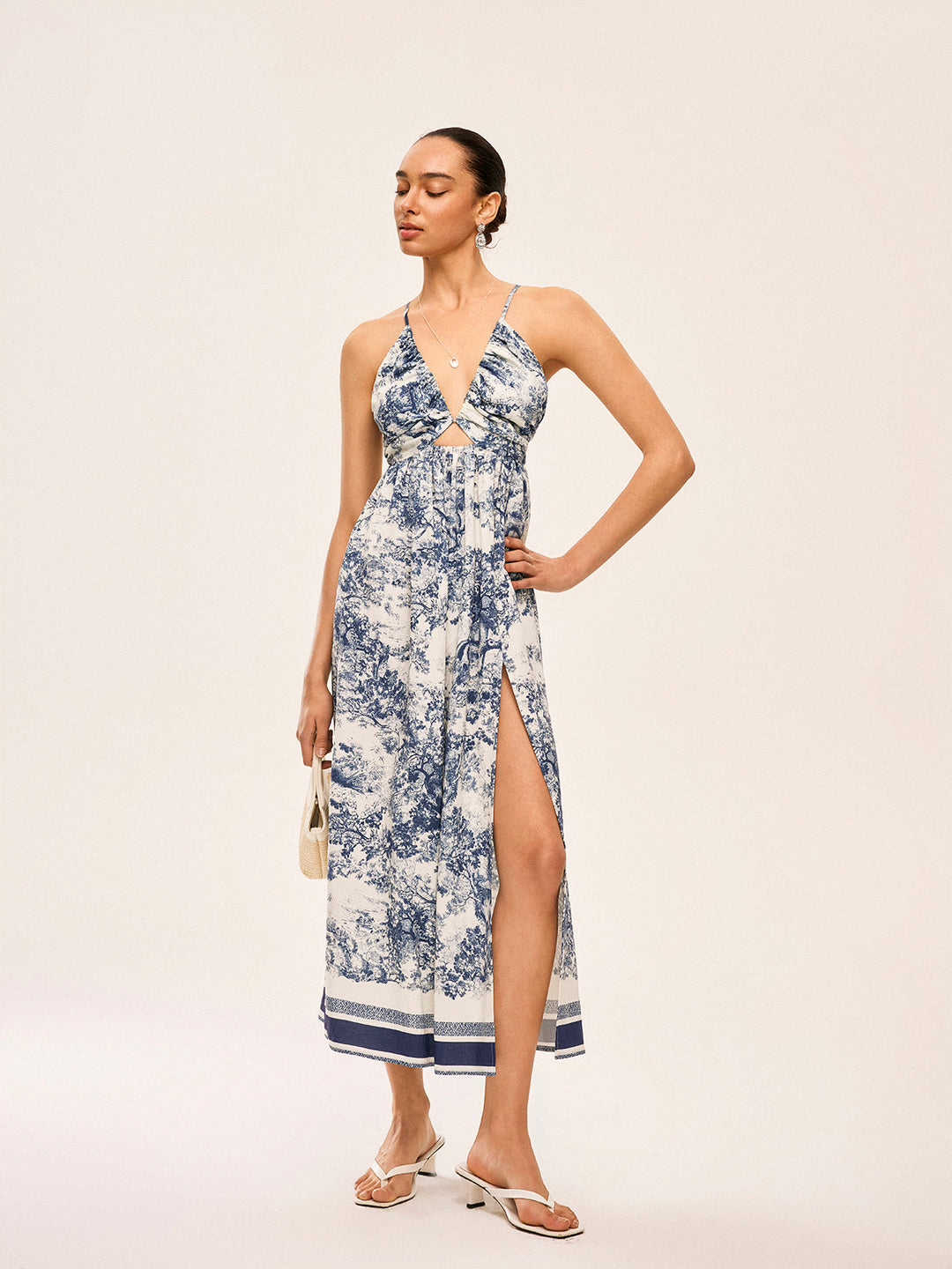 Printed Contrast Trim Knotted Spilt Dress