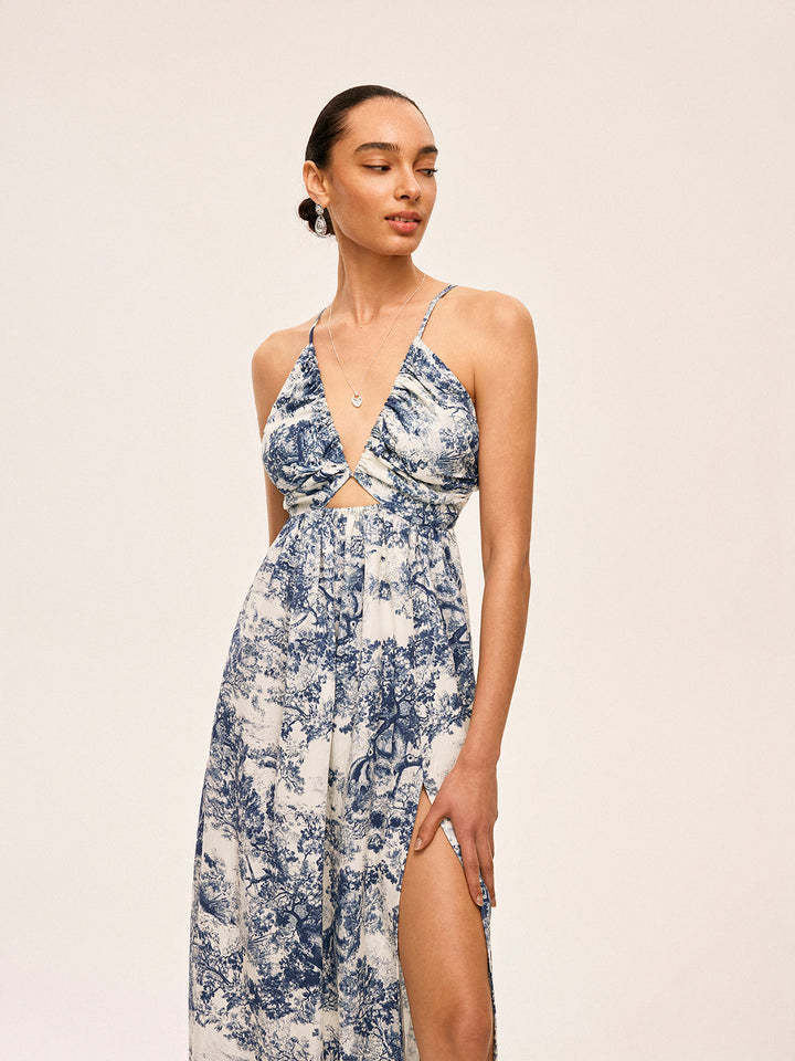 Printed Contrast Trim Knotted Spilt Dress