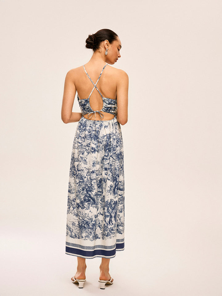 Printed Contrast Trim Knotted Spilt Dress