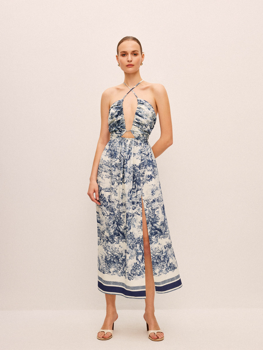 Printed Contrast Trim Knotted Spilt Dress