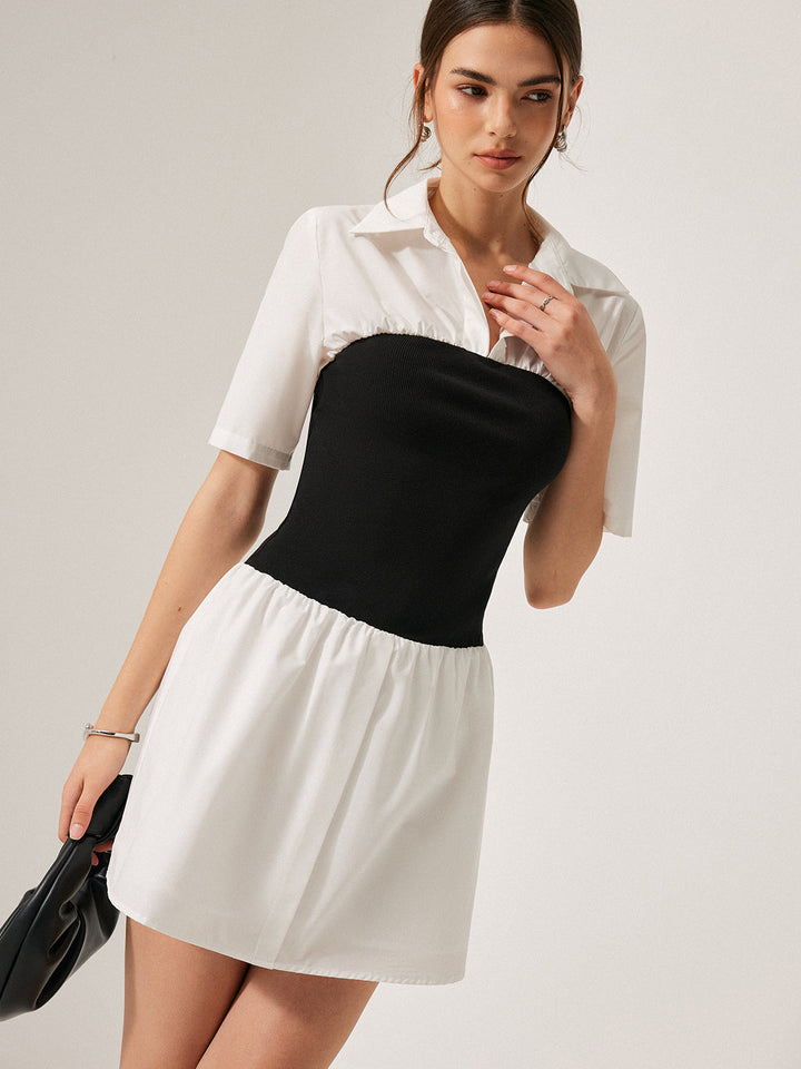 2 in 1 Panel Decor Button Lapel Shirt Dress