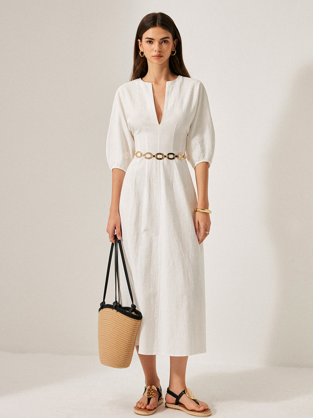 Cotton & Linen Puff Sleeve Dress Without Belt