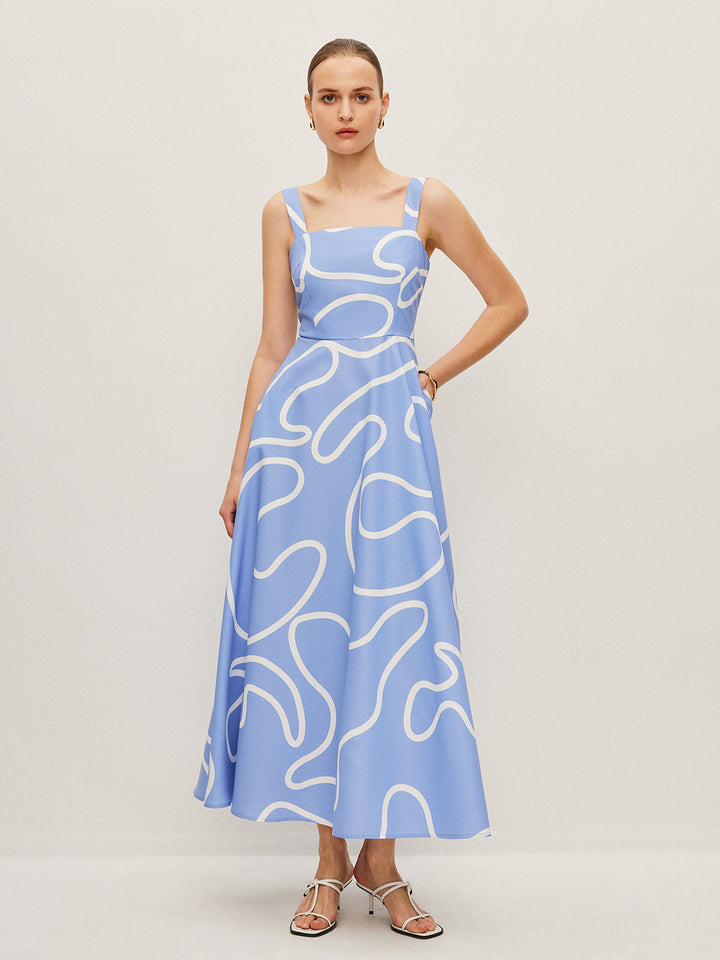 Abstract Line Print Square Strap Dress