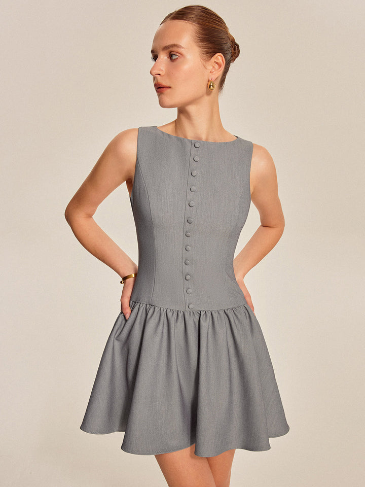 Button Front Pleated Sleeveless Dress
