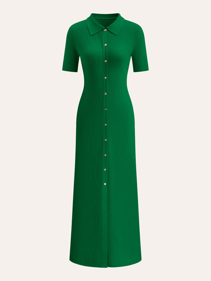 Metal Button Collar Midi Dress