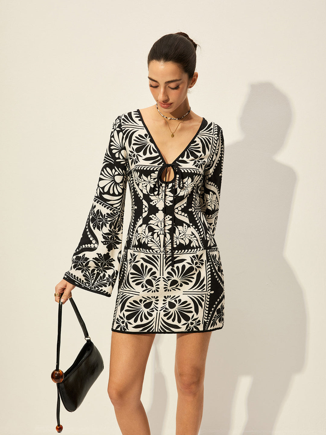 Printed Tie-Front Bell Sleeve Dress