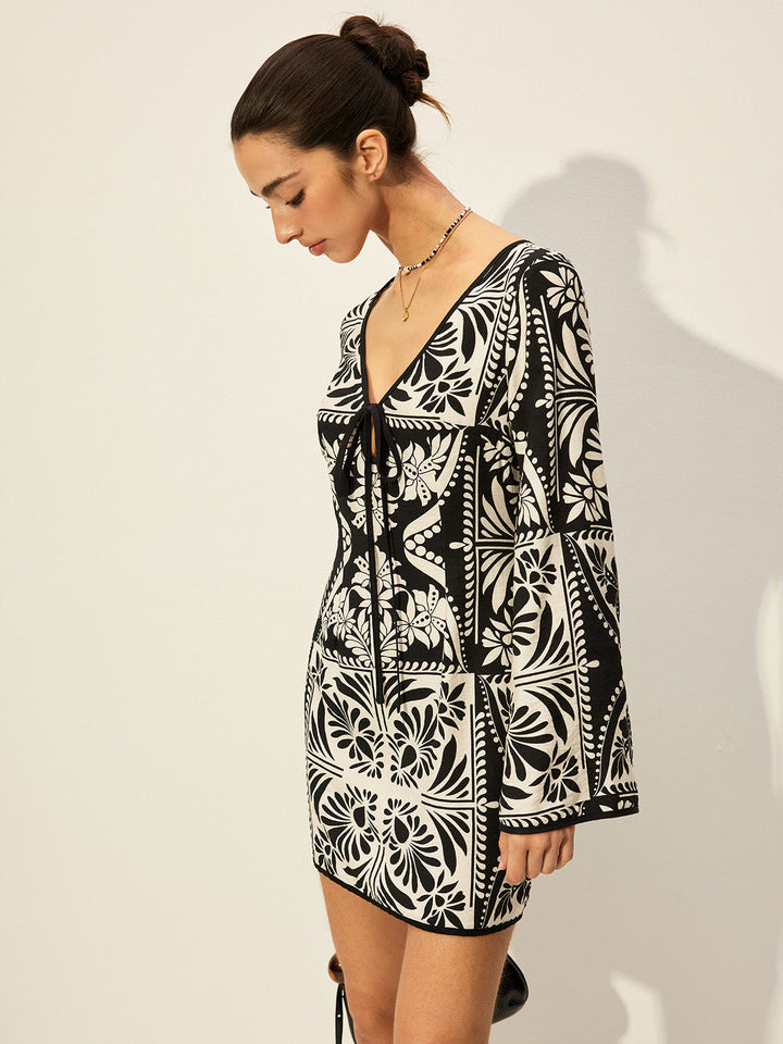 Printed Tie-Front Bell Sleeve Dress
