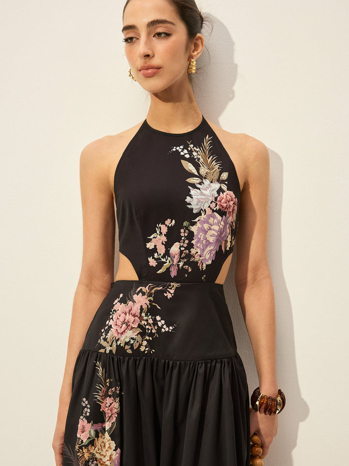 Floral Print Halter Neck Dress With Cut-Out Detail