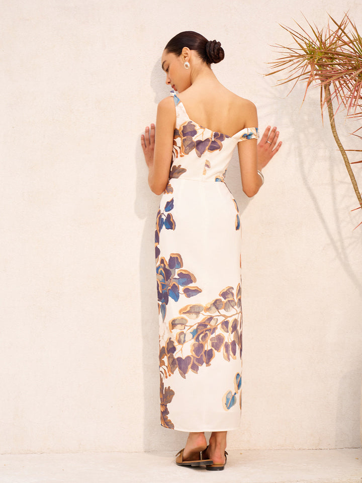 Boho Print Asymmetrical Neck Zipper Split Dress