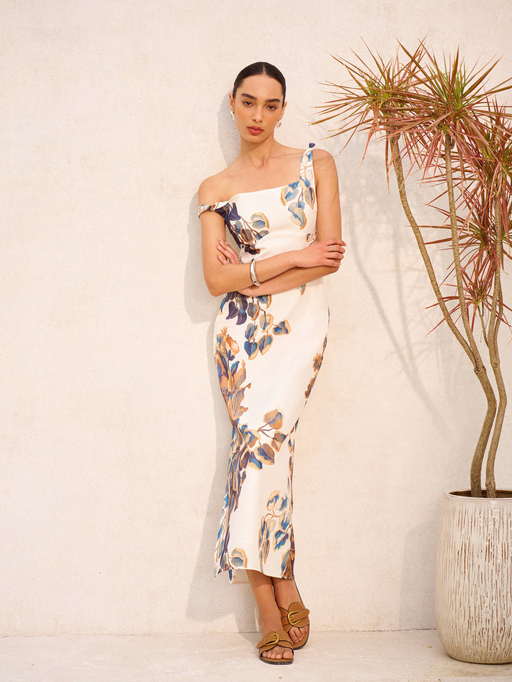 Boho Print Asymmetrical Neck Zipper Split Dress