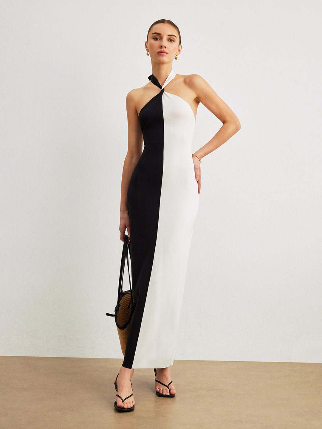 Color Block Halter Knotted Backless Long Dress