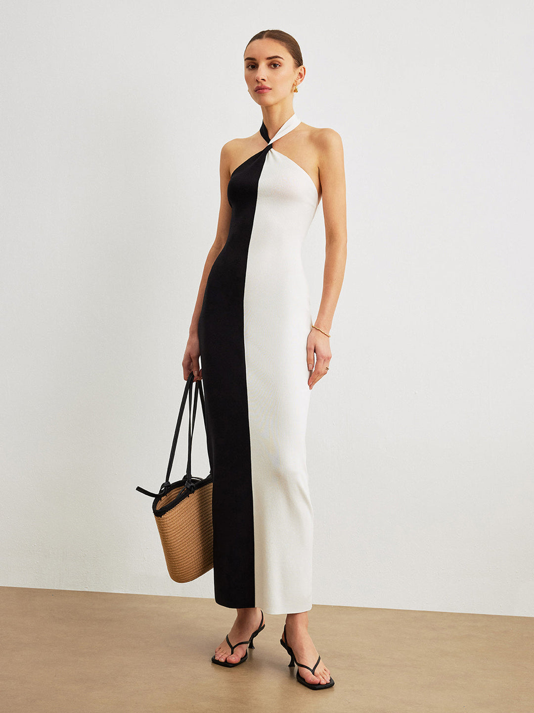Color Block Halter Knotted Backless Long Dress