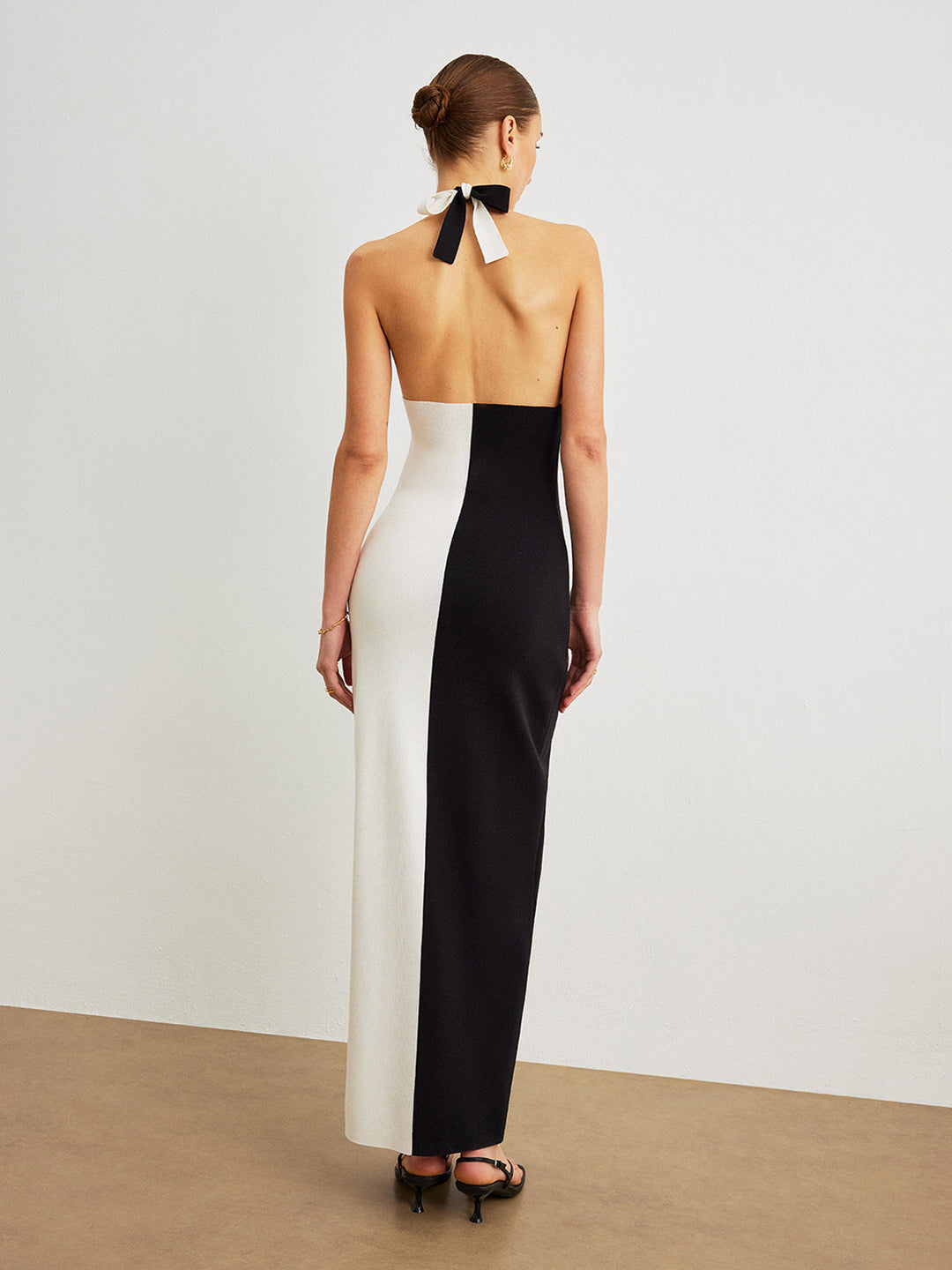 Color Block Halter Knotted Backless Long Dress