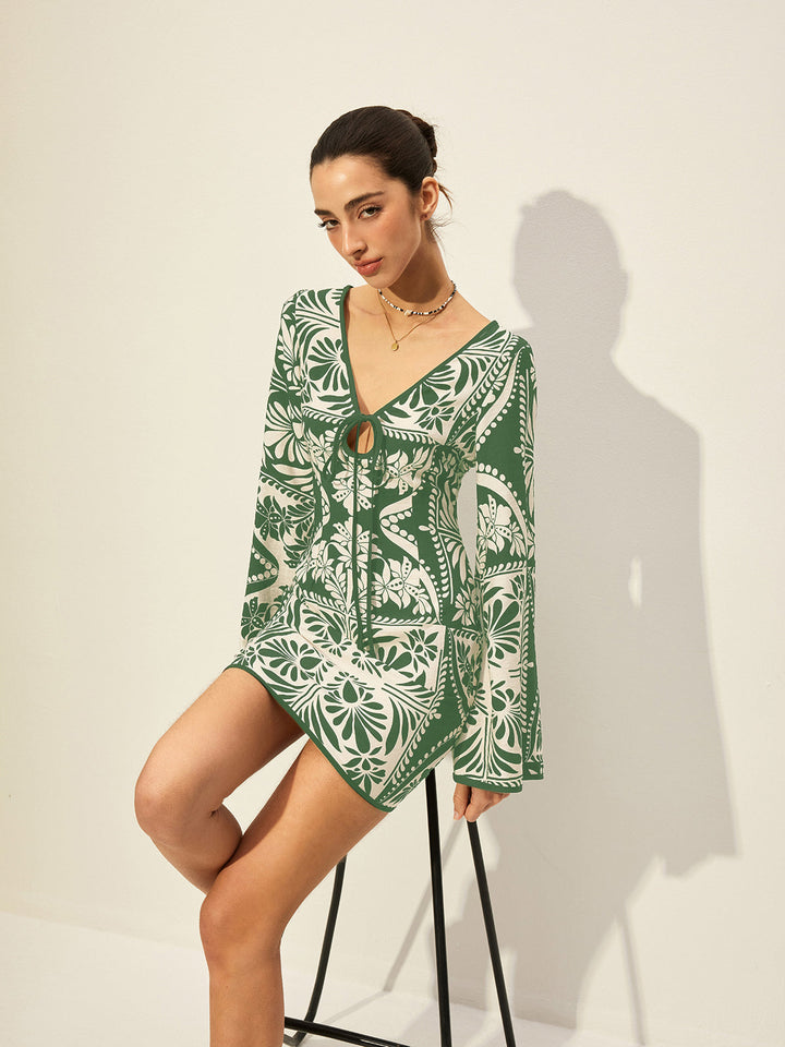 Printed Tie-Front Bell Sleeve Dress