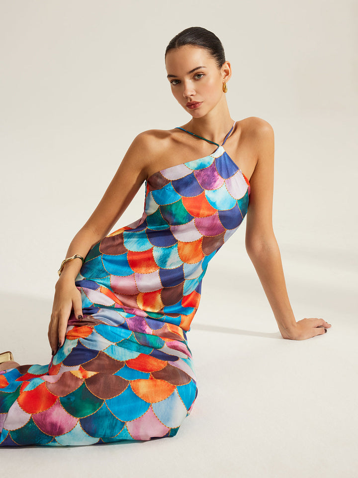 Colorful Scales Pattern Halter Dress
