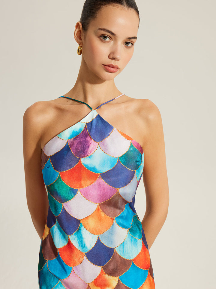 Colorful Scales Pattern Halter Dress