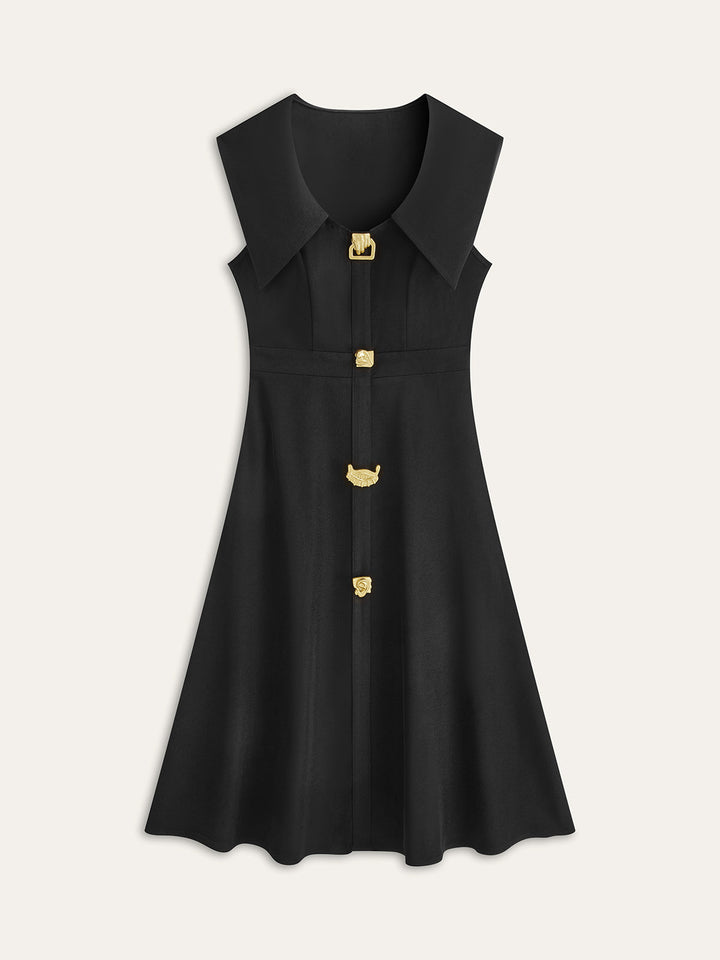 Wide Collar Button-Down Pleated Dress