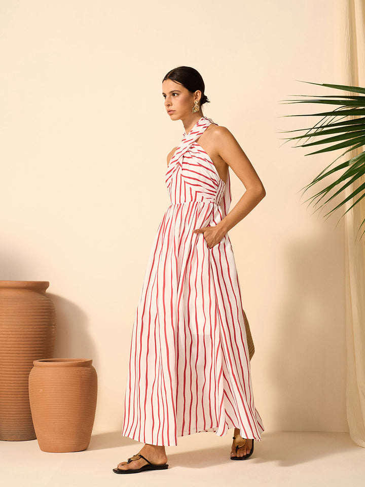 Striped Twist Halter Dress
