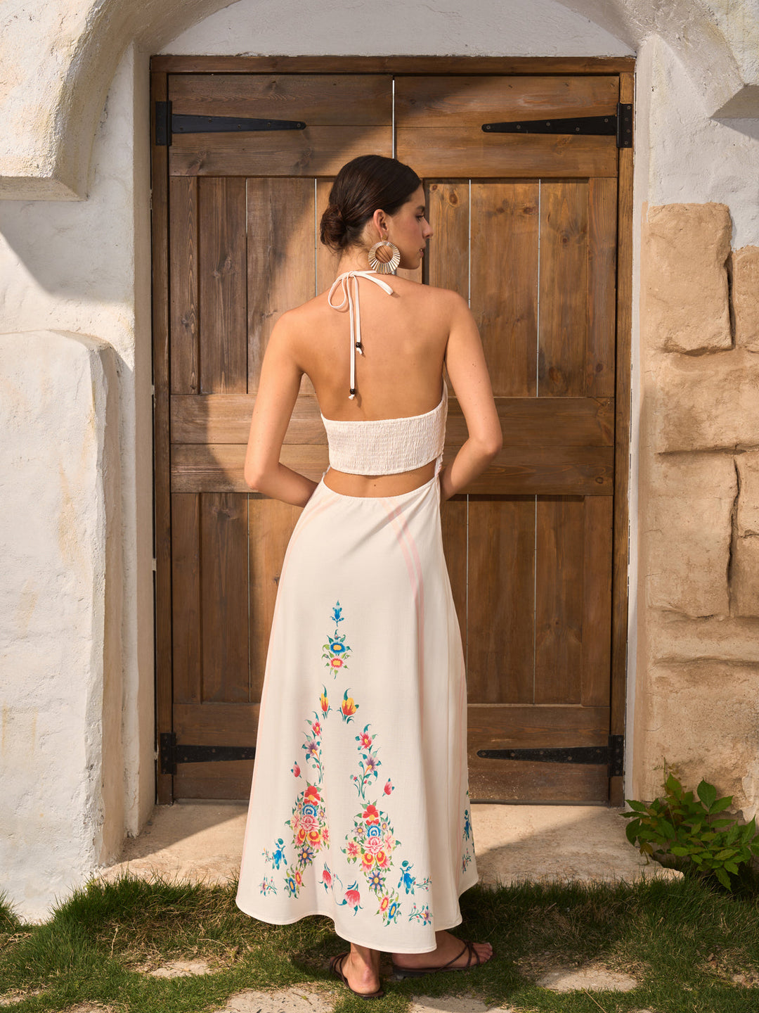 Floral Print Backless Halter Dress