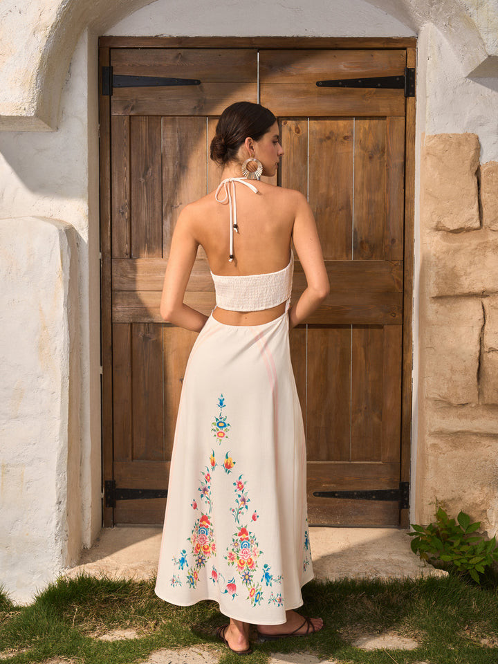 Floral Print Backless Halter Dress