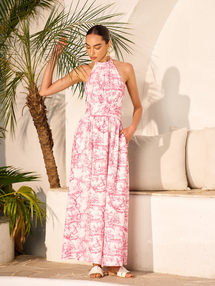 Halter Neck Printed Backless Dress With Pockets