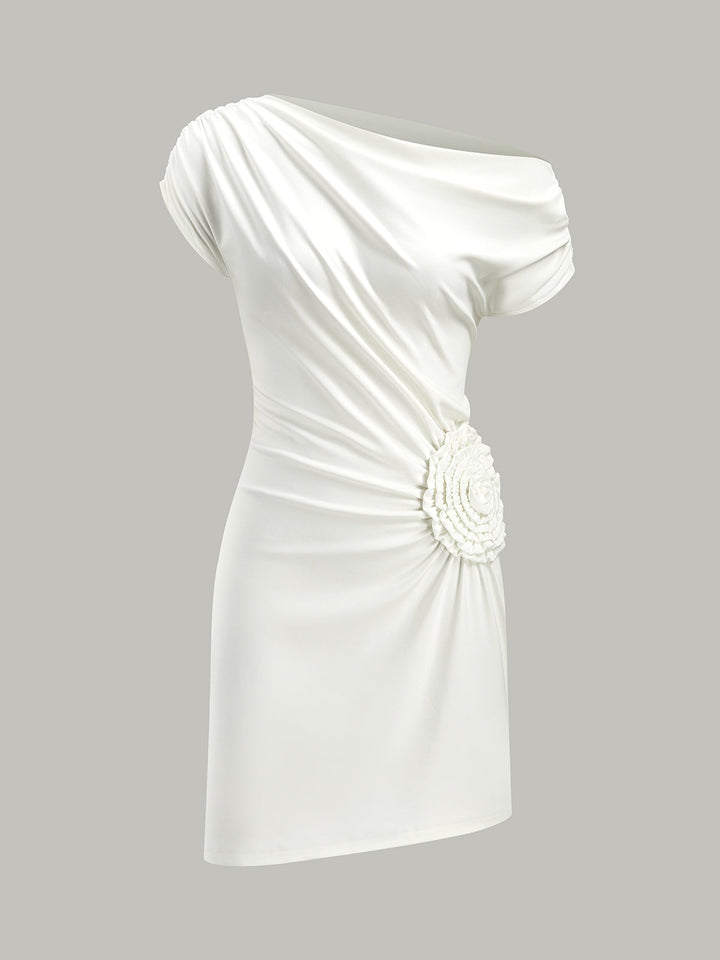 One-Shoulder Ruched Dress With Rosette Detail