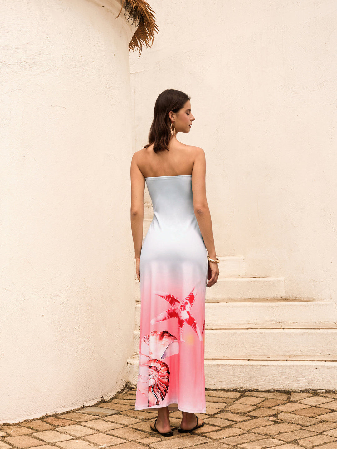 Shell Print Strapless Gradient Dress