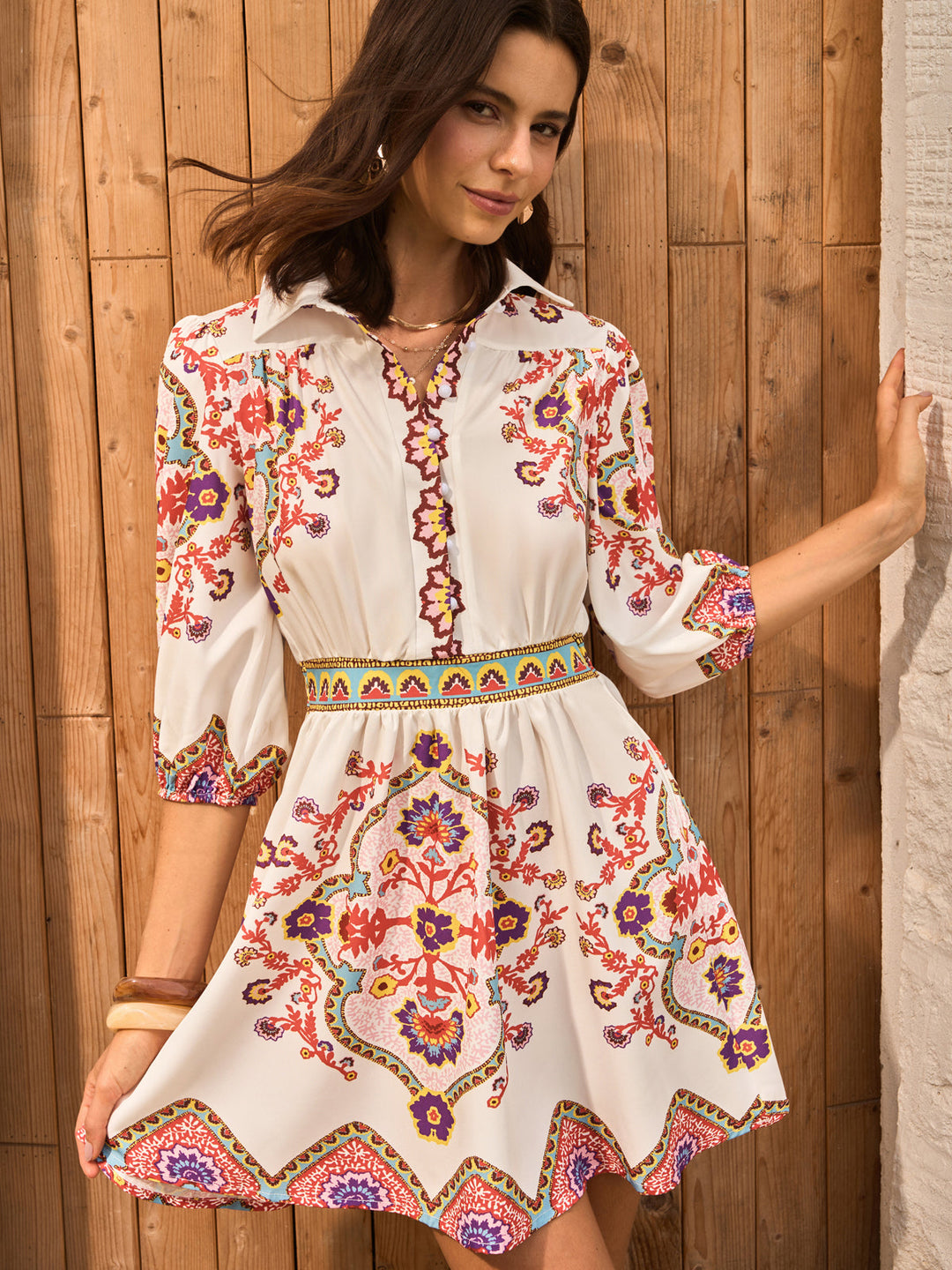 Boho Floral Print Collared Dress