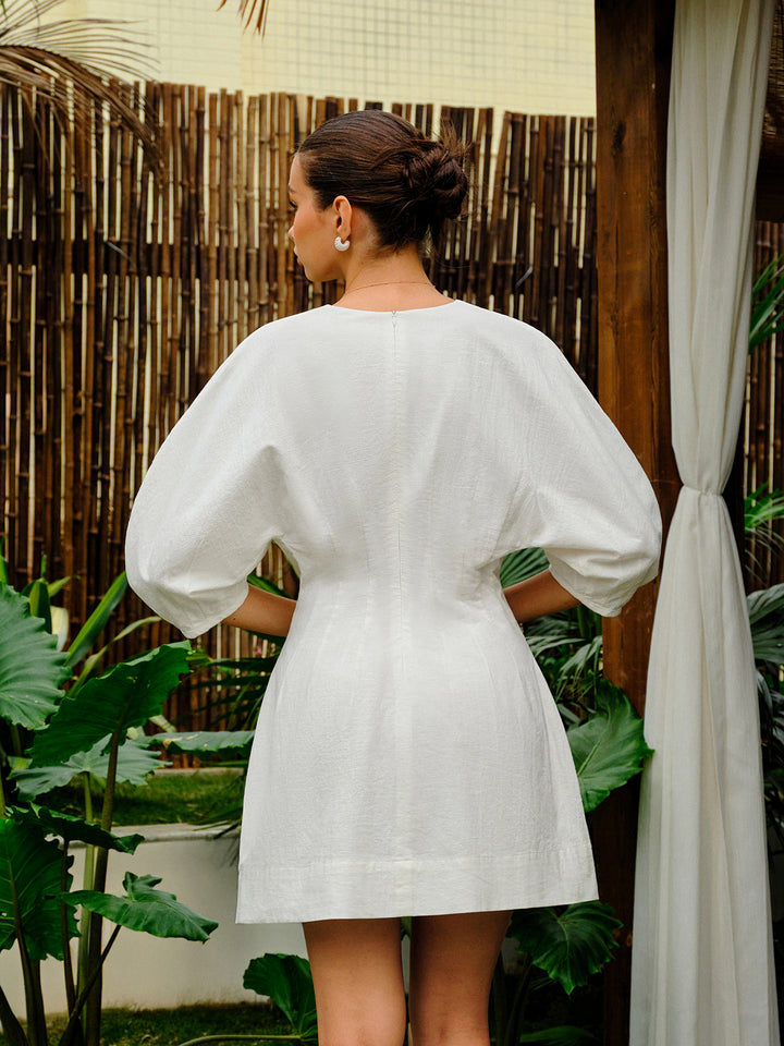 Cotton-Linen Blend V-Neck Puff Sleeve Dress